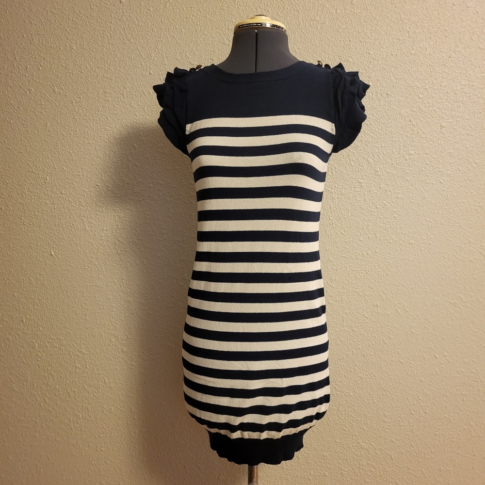 Glimmer by J.J. Basics Navy & Ivory Striped Knit Dress Size Medium